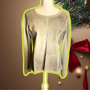 Yansi Fugel Olive Green Pig Suede Patchwork Crewneck Sweater Size Large